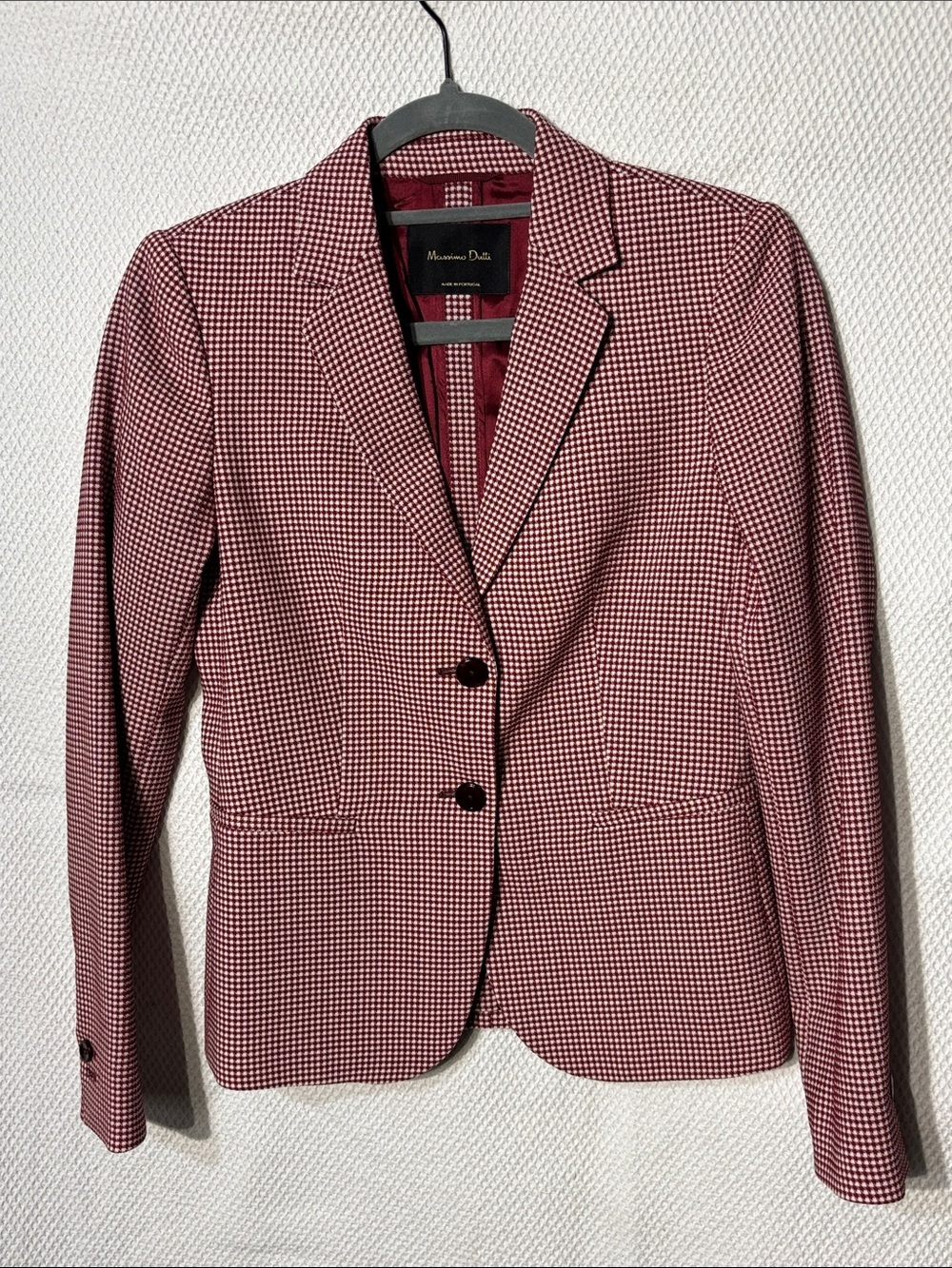 Massimo Dutti Sz 4 Burgundy Red and White Houndstooth Blazer Lined with Pockets